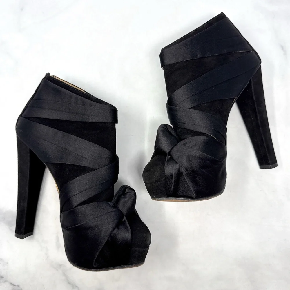 Charlotte Olympia Satin Wrap Turban Knot Suede Platform Block Heel Ankle Boot 37